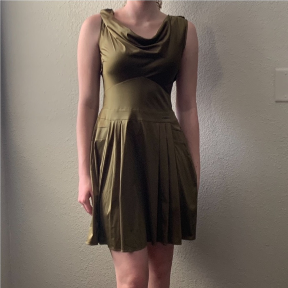 John Galliano Olive Green Sleeveless Pleated Dress